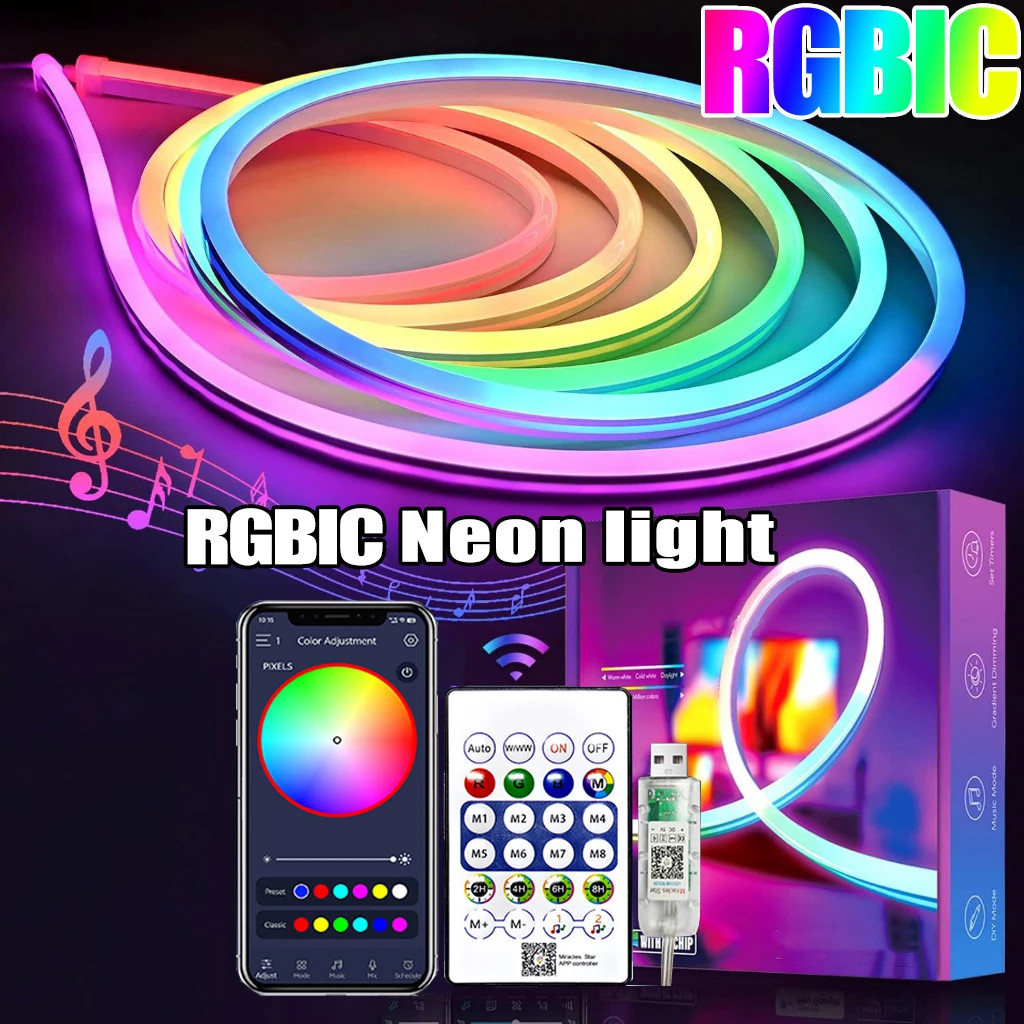 Đèn dải neon 5V RGB IC, Đèn dải LED linh hoạt 5050 RGB có điều khiển ứng dụng Bluetooth, Đèn dây neo