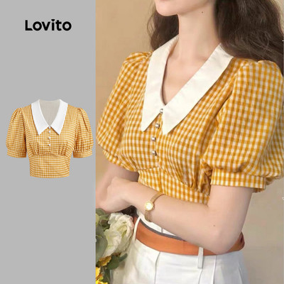Áo Lovito kẻ caro ghép nối màu sắc phối ngọc trai phong cách thường ngày cho nữ L129ED598