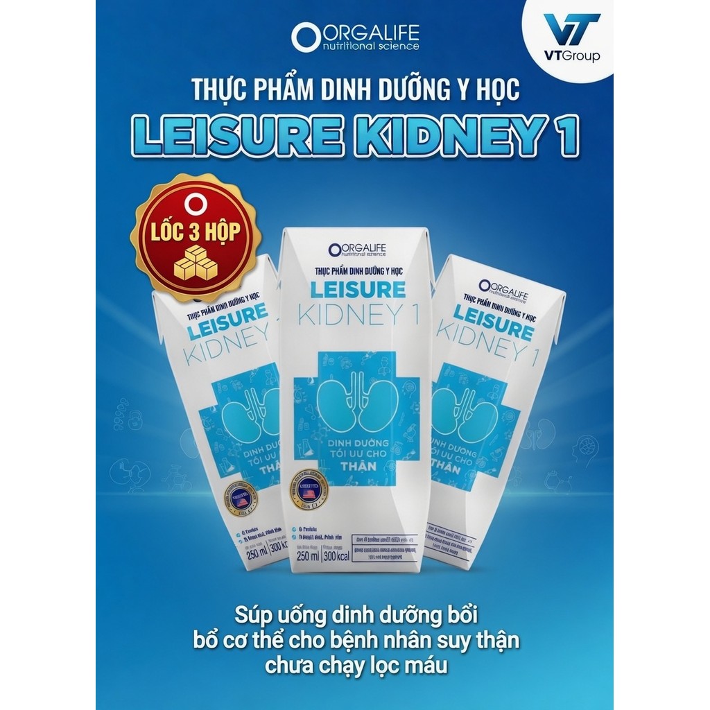 Lốc 3 hộp Súp uống dinh dưỡng Leisure Kidney 1 (250ml/ hộp) cho bệnh nhân suy thận chưa chạy lọc máy