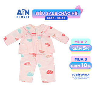 Bộ quần áo Dài bé gái họa tiết Mây Hồng Xô sợi tre - AICDBGDDDH2N - AIN Closet