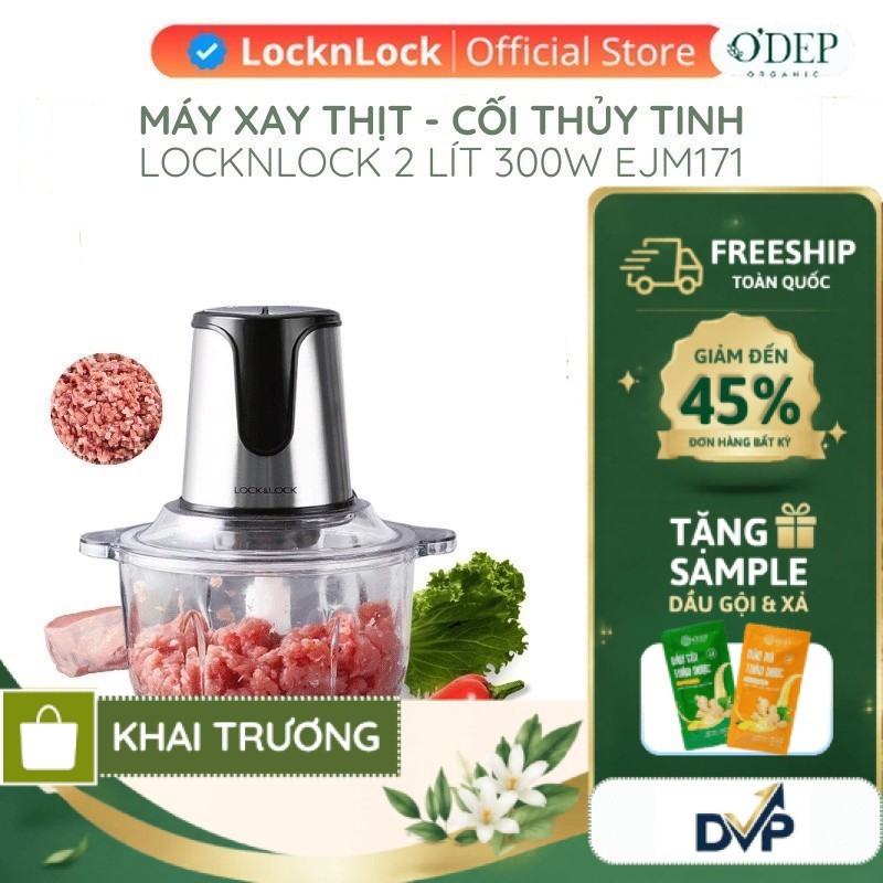 Máy xay thịt cối thủy tinh LocknLock 2L đa năng lưỡi dao sắc, 2 cấp độ xay mịn và nhanh chóng EJM171