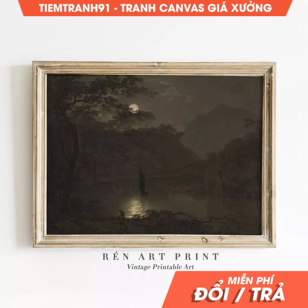 Tranh treo tường, Moody Landscape Painting Dark Night Vintage Wall Art Antique Moody Wall Art Dark O