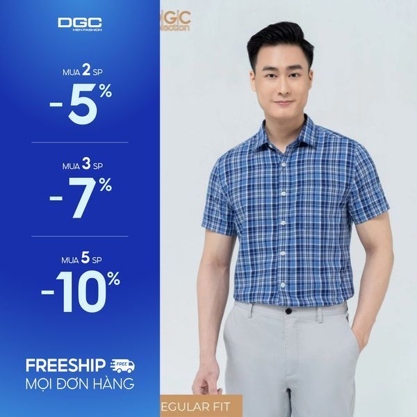 Áo Sơ Mi Ngắn Tay DGC Dáng suông Regular, Kẻ Caro Phong Cách Trẻ Trung  - SASNBB33M