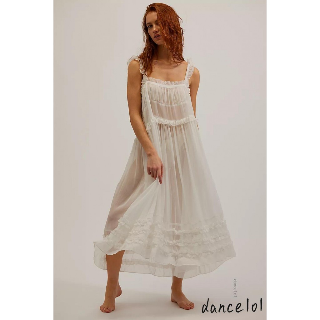 Dance1o1-Nữ Lưới Sheer Midi Đầm Billowy Tầng Cổ Vuông