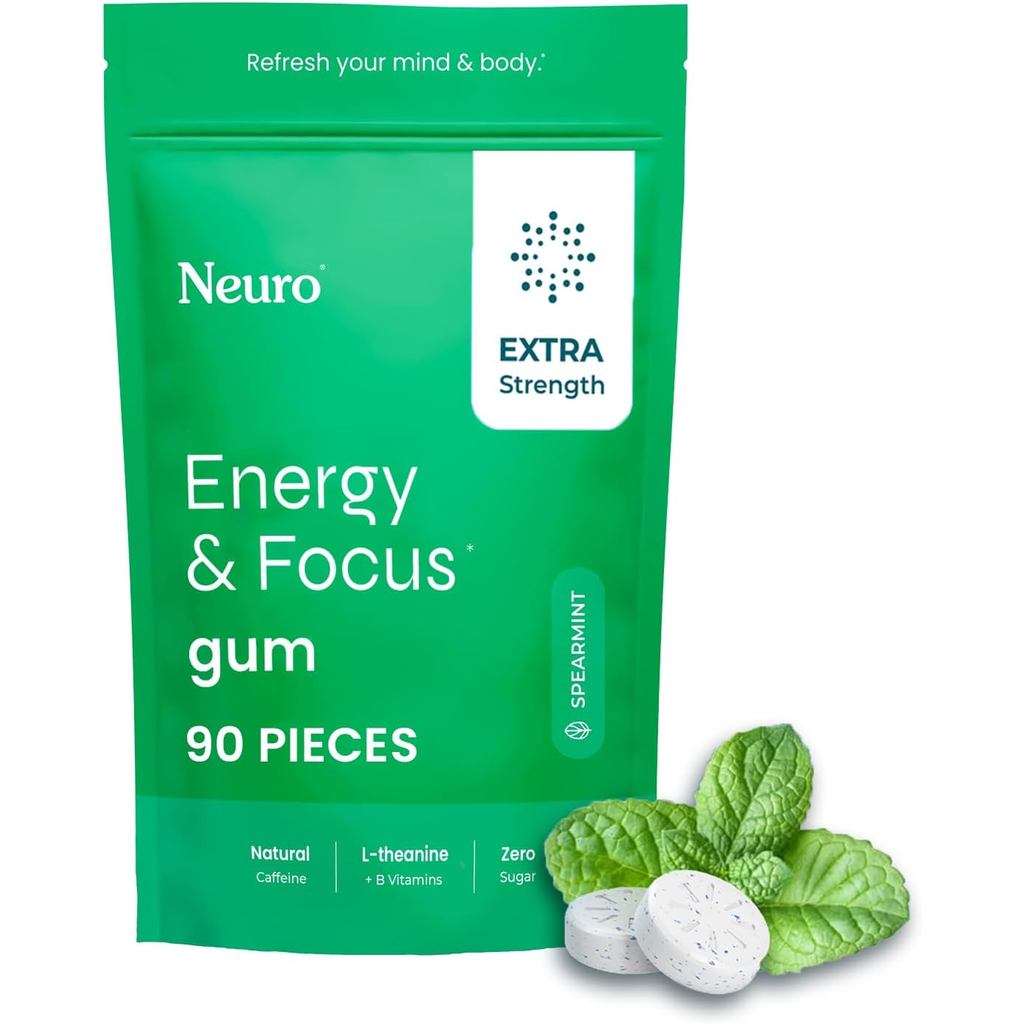 Neuro Energy & Focus Gum, Extra Strength - 100mg Kẹo cao su Caffeine tự nhiên & Bổ sung năng lượng N