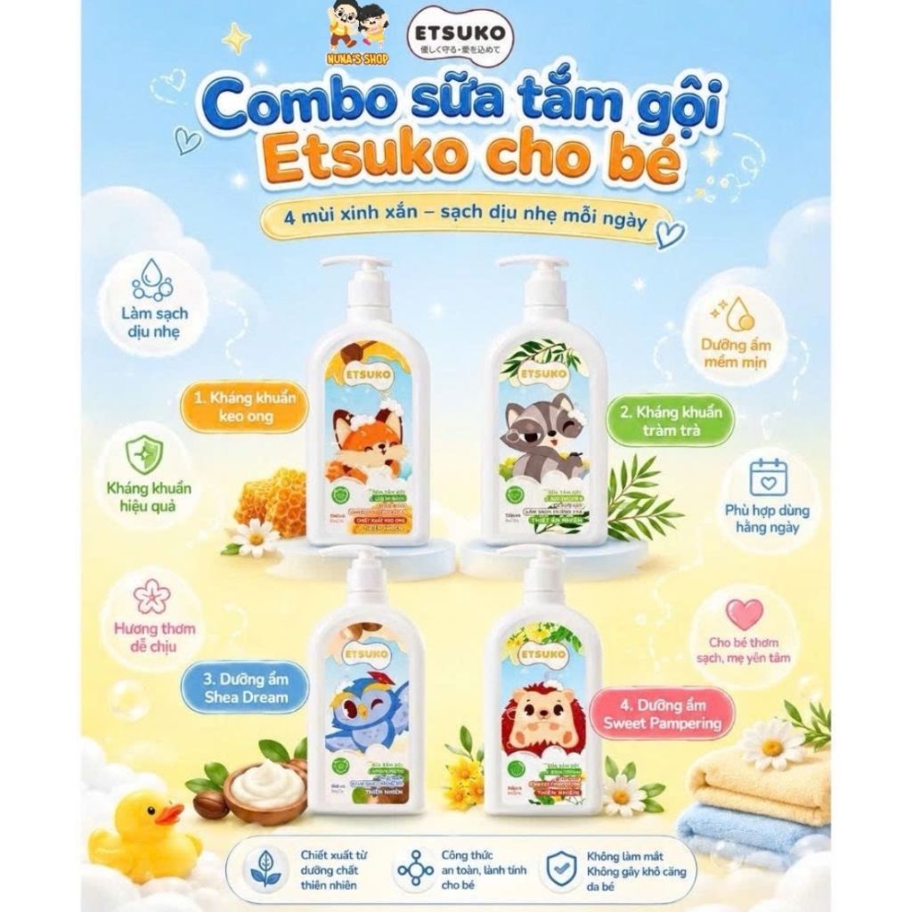 Sữa Tắm Gội 2in1 ETSUKO Dưỡng Ẩm Cho Bé 600ml - Làm Sạch Dịu Nhẹ (Quà Tặng Cáo Bông)