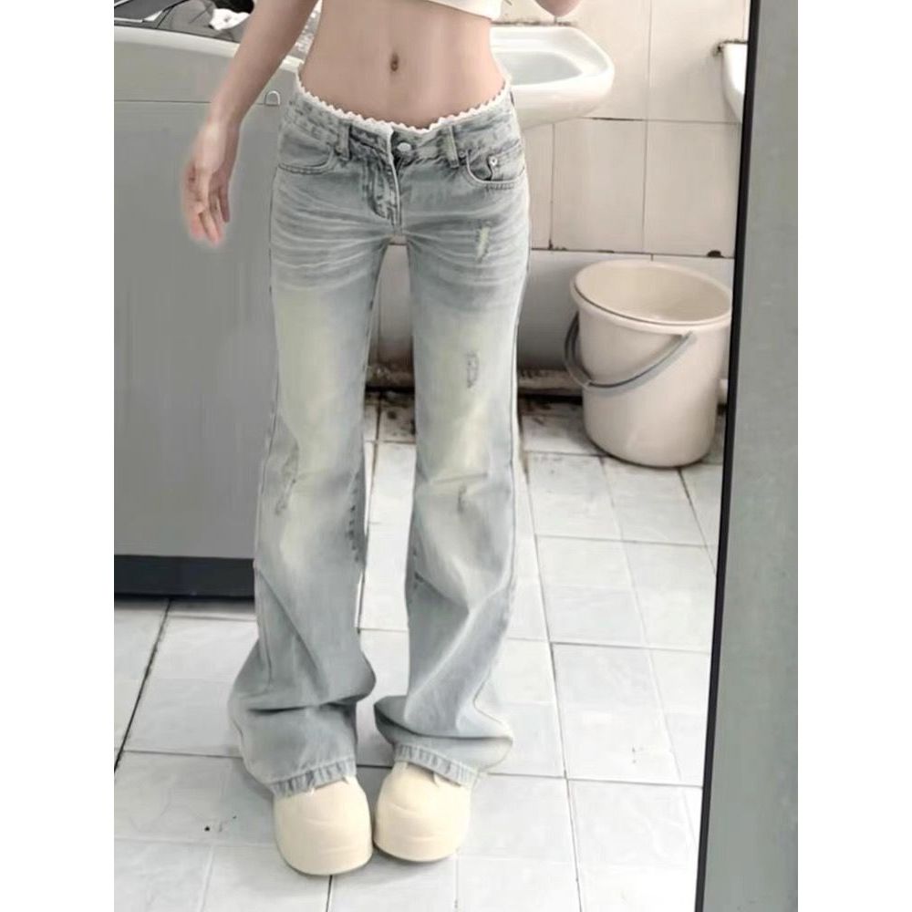 Retro Ren Viền Micro-Flared Jeans Nữ Co Giãn Rời Thẳng Cao Cấp Quần Micro-Flared