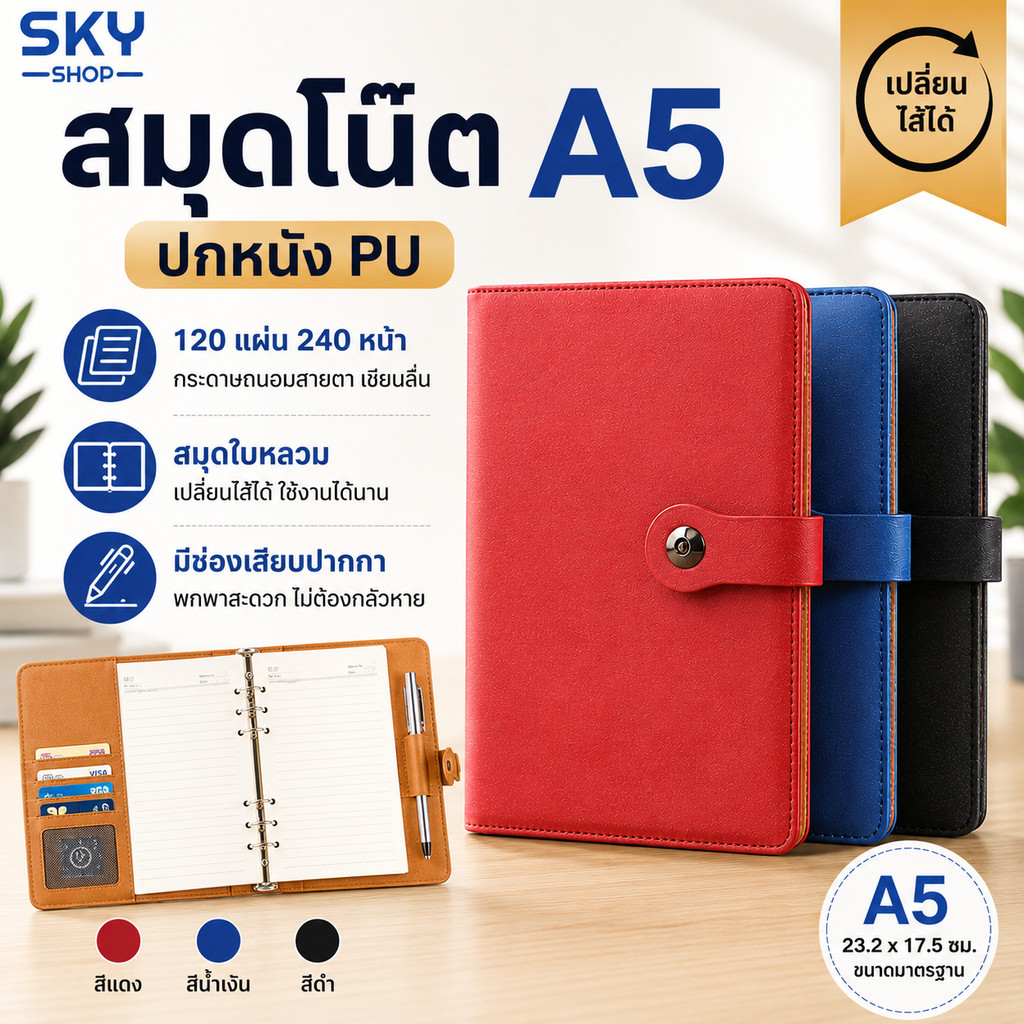 SKY A5 Notebook Da PU Loose-Leaf 120 Tờ 240 Trang Thay Đổi Tạp Chí Làm Đầy