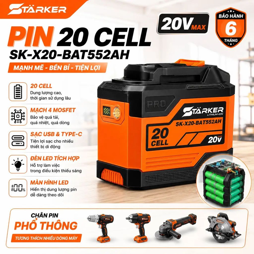 Pin 20 Cell Starker SK-X20 BAT552Ah Có Đèn Led Tích Hợp Sạc USB Và TYPE - C Chân Pin Phổ Thông Mạch 4 Mofet BH 6 Tháng