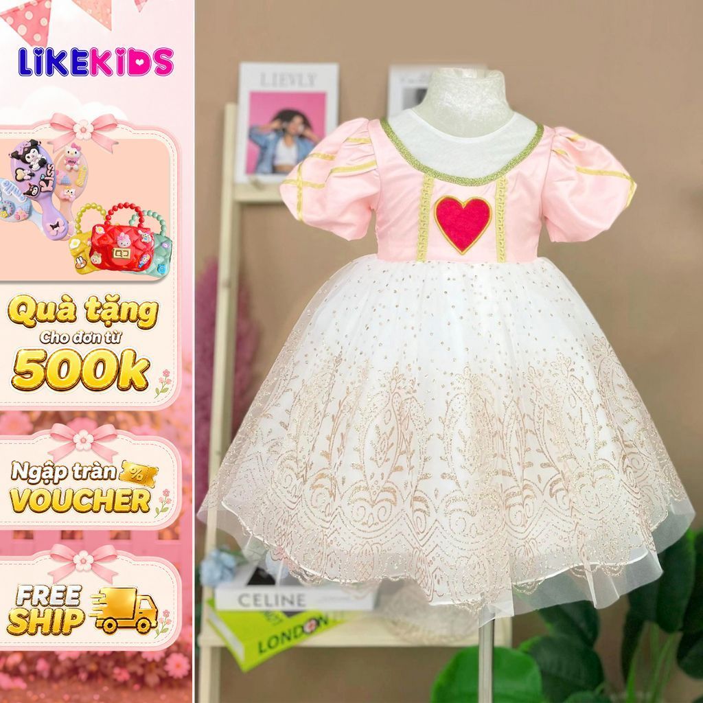 Đầm công chúa phi mờ cho bé gái họa tiết TRÁI TIM LikeKids C14