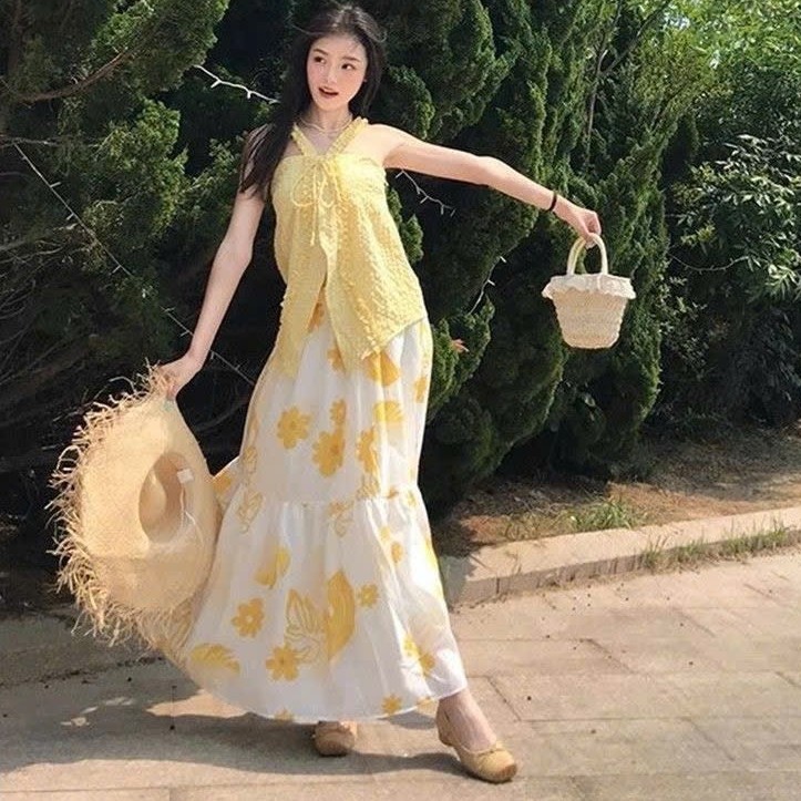 PB150 ✨ SET CỔ YẾM + CHÂN VÁY DÀI HOẠ TIẾT – THANH LỊCH NHẸ NHÀNG, CỰC KỲ CUỐN