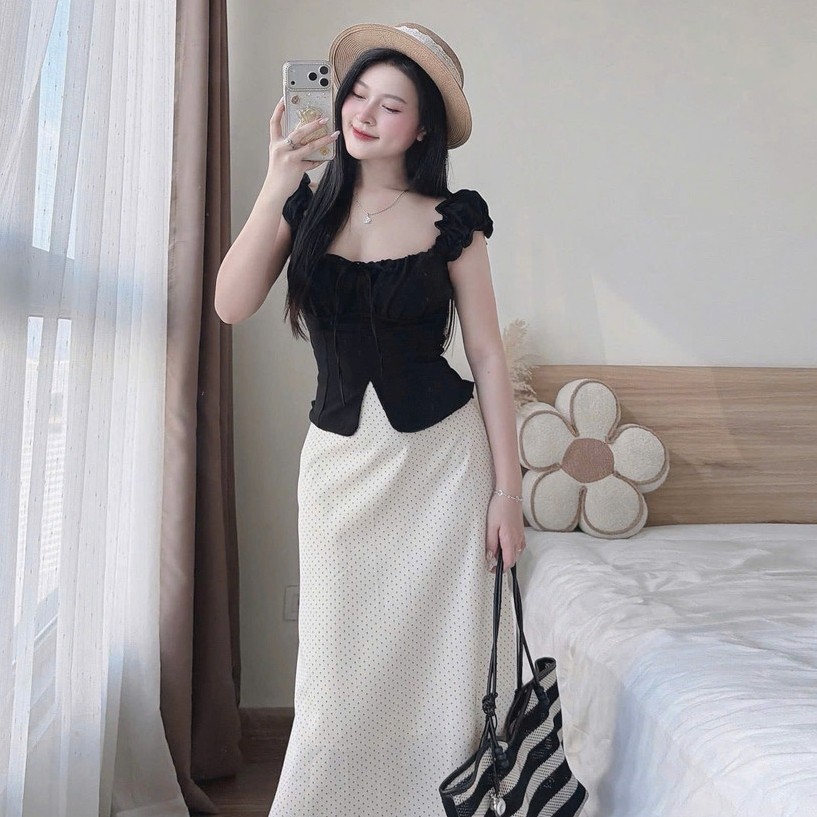Set Áo Kiểu Day Rút Kèm Chân Váy Bút Chì DH7230 Thời Trang Nữ Đi Biển Chất Ren Đi Chơi Đều Xinh Dáng