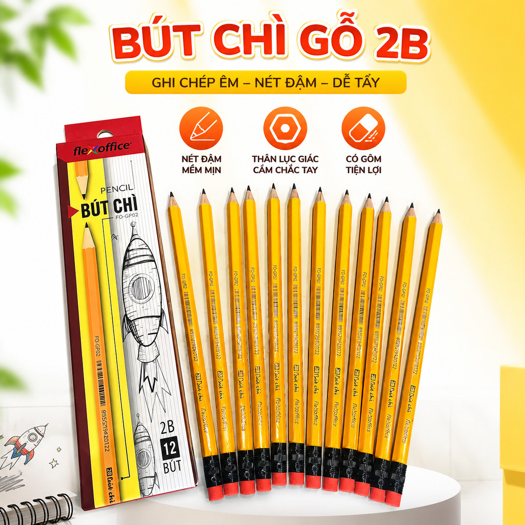 Bút Chì Gỗ 2B Học Sinh Ghi Chép Vẽ Nháp Tô Trắc Nghiệm Nhanh Thân Lục Giác Có Gôm Thiên Long Flexoffice FO-GP02