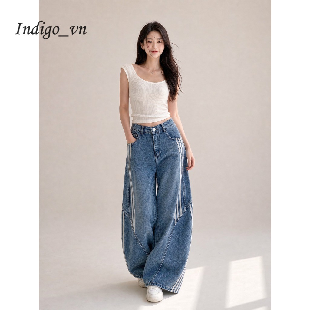 【Indigo】 Quần Jean Nữ Ba Sọc Cổ Điển Quần Dài Ống Rộng