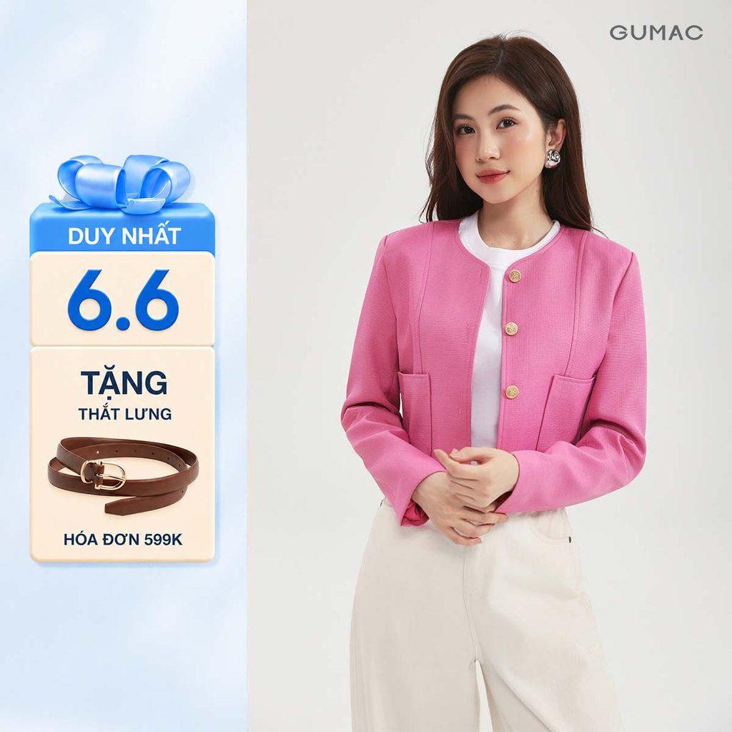 [TẶNG QUÀ ĐƠN 599K] Áo Khoác Dạ Nữ GUMAC Dáng Lửng Cổ Tròn Tay Dài Có Đệm Vai Chất Bố Đứng Form LOWF