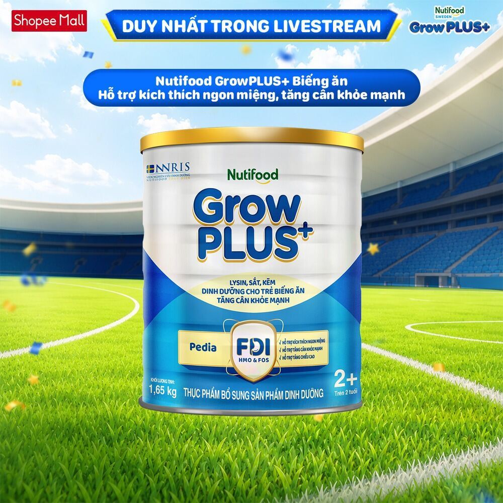 [LIVESTREAM KOL] Sữa Bột Nutifood GrowPLUS+ Biếng Ăn (Xanh) 2+ - Tăng Cân Khỏe Mạnh (Lon 1,65 Kg)