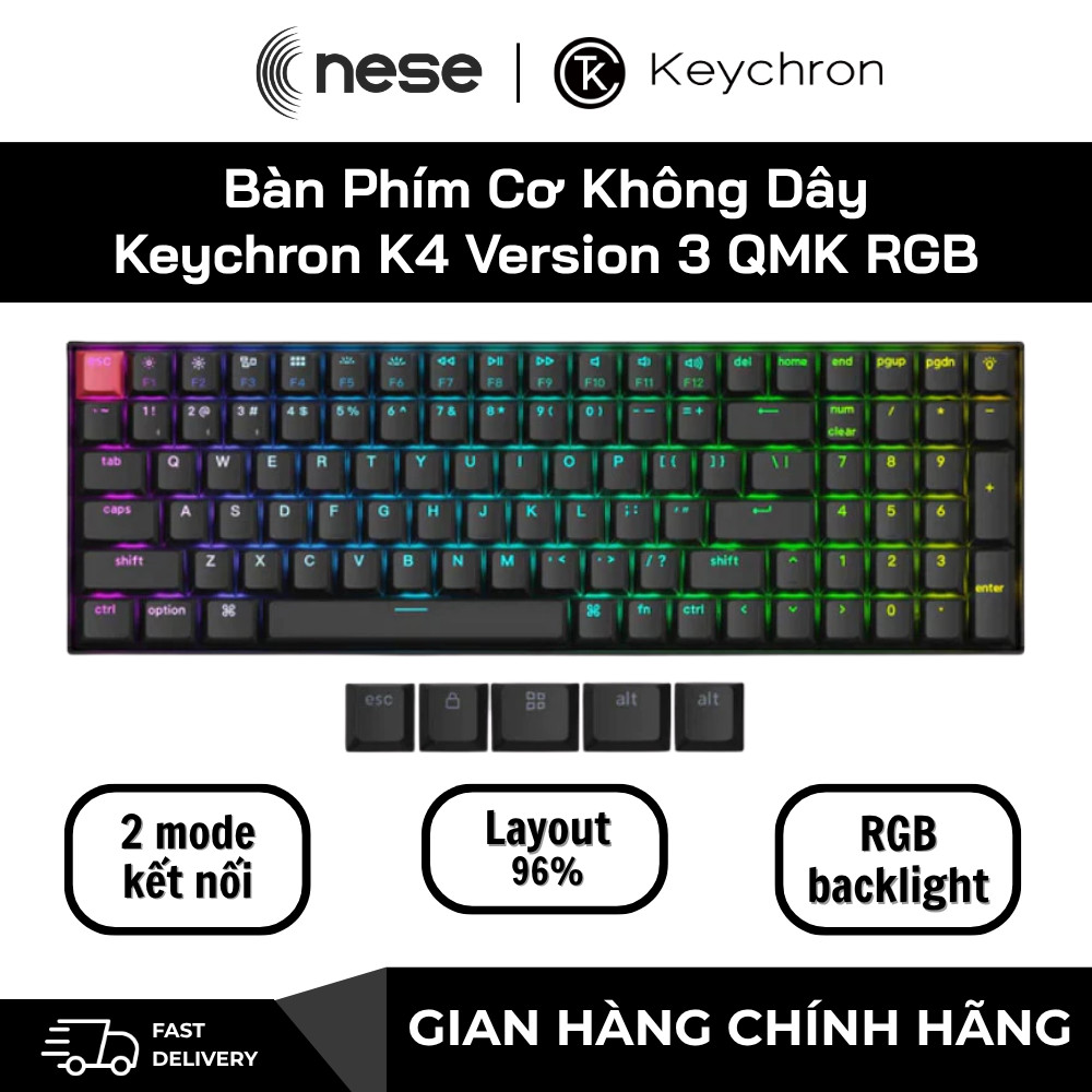 Bàn Phím Cơ Không Dây Keychron K4 Version 3 QMK RGB Bluetooth Full Size Chính Hãng