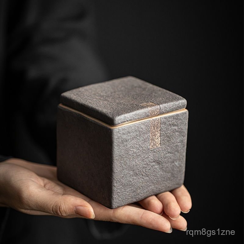 Hũ đựng trà gốm sứ vuông kiểu cổ điển dùng trong gia đình, hũ gốm sứ vuông thô cổ điển, hũ đựng trà 