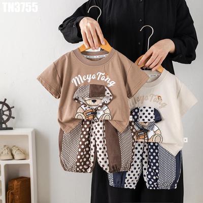 Set Bộ Quần Áo Cho Bé Áo Thun Gấu Trùm Đầu 3D Phối Quần Chấm Bi Alibaba Năng Động MINTSCLOSET TN3755