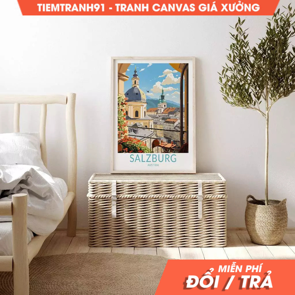 Tranh treo tường, Salzburg Austrian travel poster, Salzburg  City Travel Art Wall Decor, Home Decor 