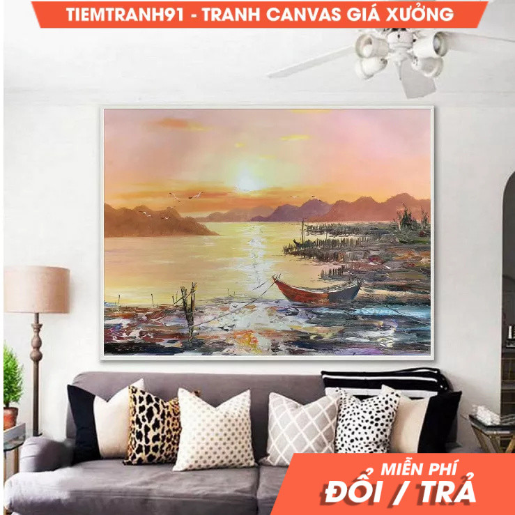 Tranh treo tường, Original Ocean Painting, Sunset Landscape painting, Sea Painting Beach Oil Paintin