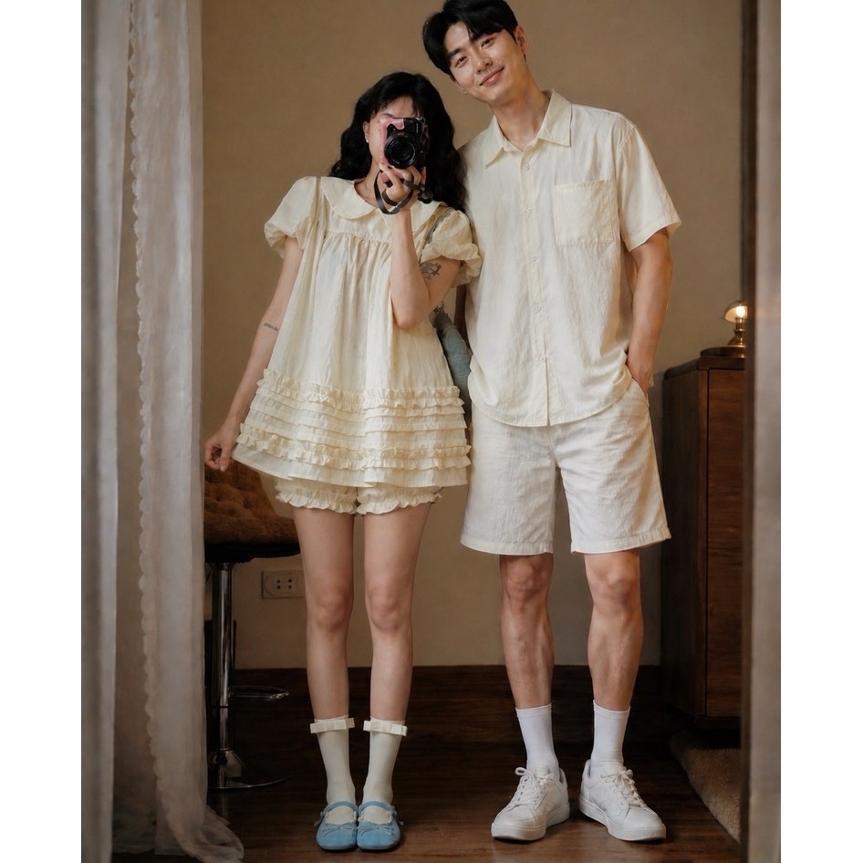 (S - 89) Set đồ đôi nam nữ couple set váy cổ sen babydoll kèm quần và áo sơmi nam tay cộc( không quần nam)chất gió nhăn