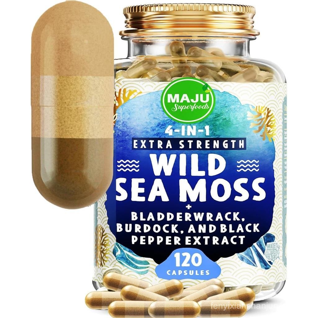 MAJU Wild Irish Sea Moss Capsules (120ct), Mạnh hơn Gel, 4 trong 1 w / Bladderwrack + Rễ cây ngưu bà
