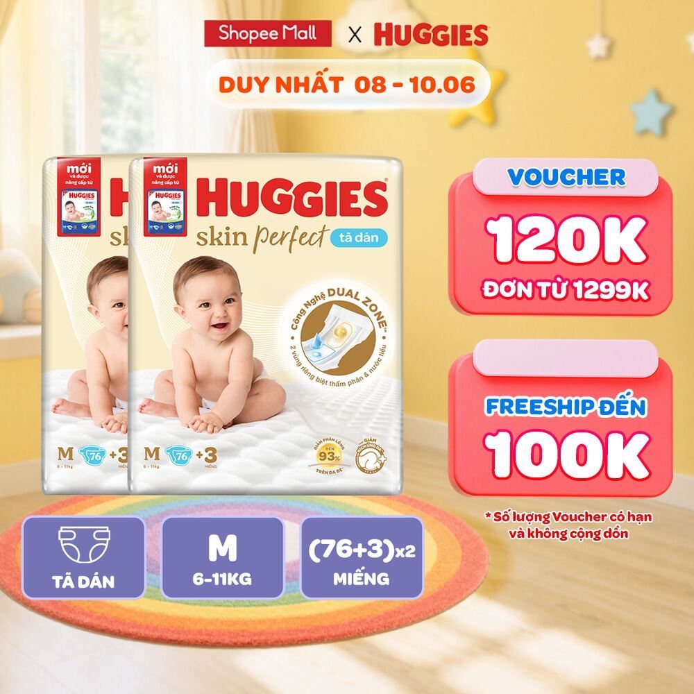 Combo 2 Tã/bỉm dán Huggies Skincare Super Jumbo M76+3/L68/XL60/XXL56