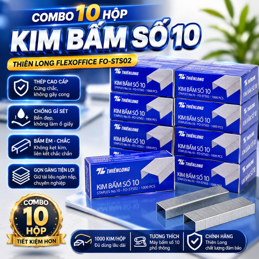 Combo 10 Hộp Kim Bấm Số 10 Thiên Long Flexoffice FO-STS02 / Đạn Ghim Giấy Văn Phòng Không Gỉ