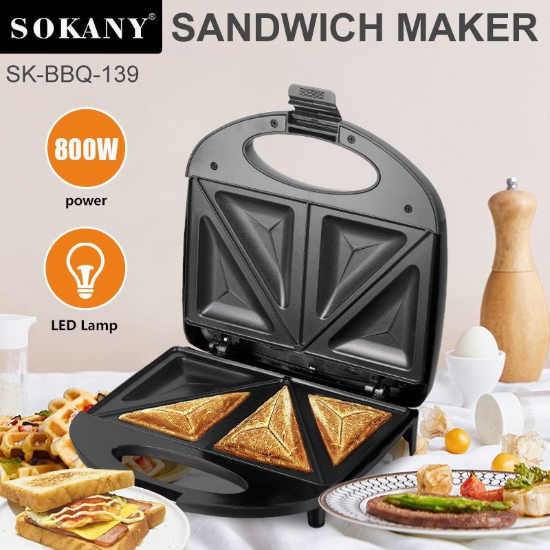 Máy làm bánh Sandwich 800W Panini Press Grill Đèn LED chống dính hai mặt