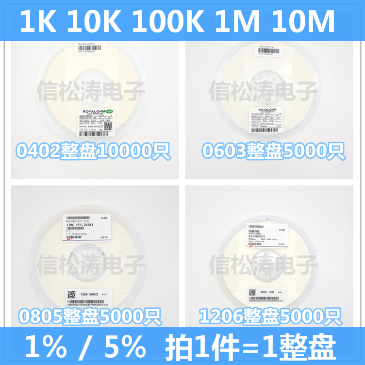 ((Toàn bộ tấm) 1K 10K 100K 1M 10M 5% 1% Điện trở Chip 0402 0603 0805 1206