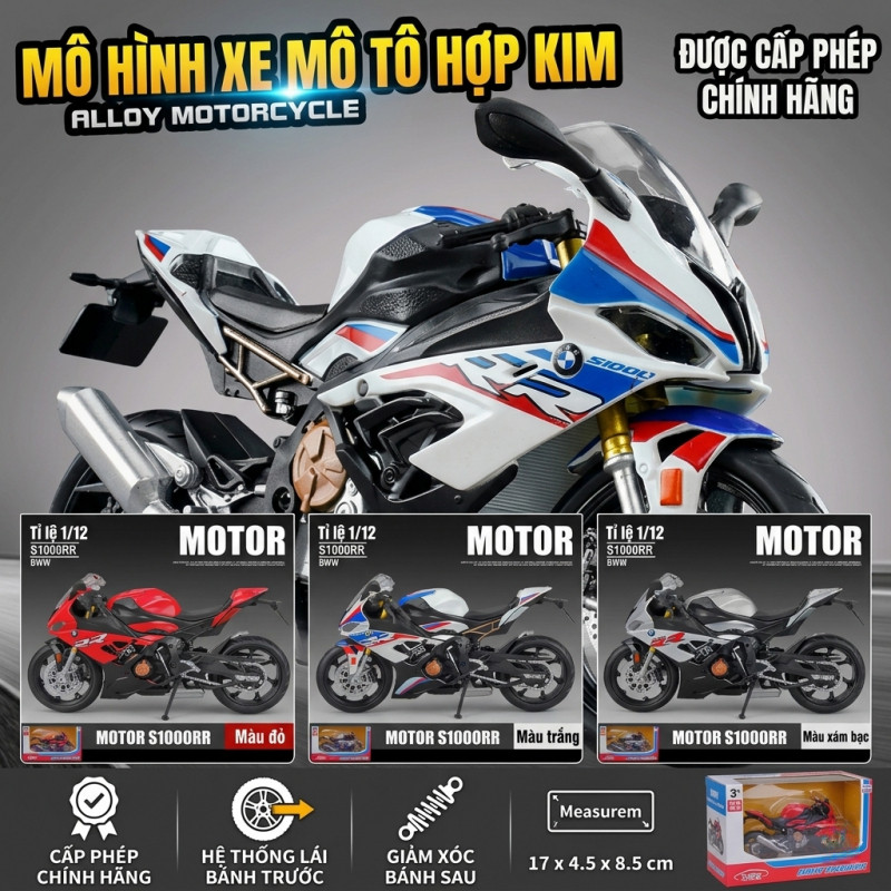 【 CỰC HOT 】 Mô hình xe mô tô hợp kim BMW S1000RR 1:12 cao cấp có đèn âm thanh đồ chơi trưng bày