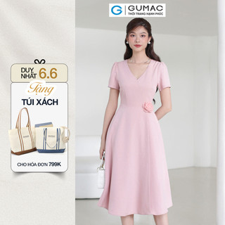 [SALE] Đầm nữ GUMAC A xòe cổ tim đính hoa hồng tím nữ GUMAC tính thanh lịch  DE03017