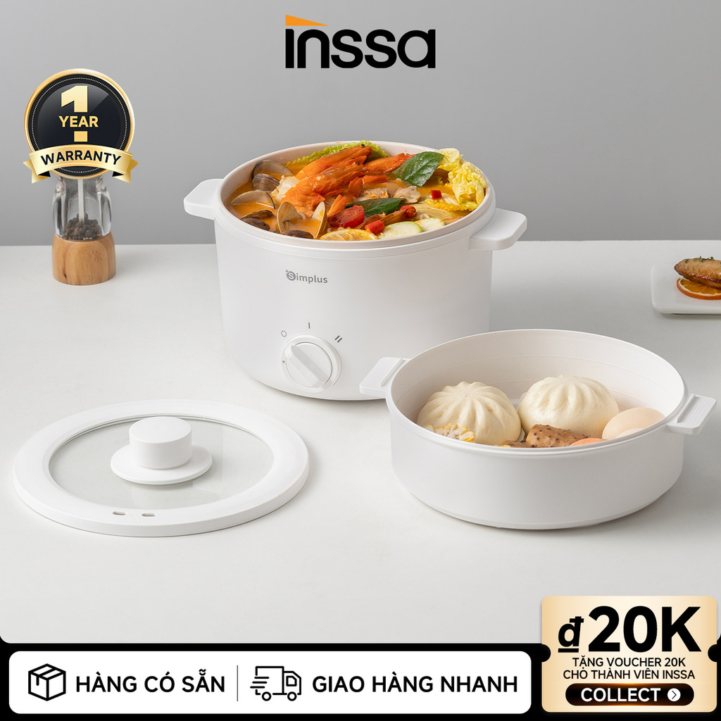 Inssa × Simplus Nồi điện đa năng chống dính nồi lẩu tiện lợi điều chỉnh 2 mức nhiệt độ dung tích 1.5