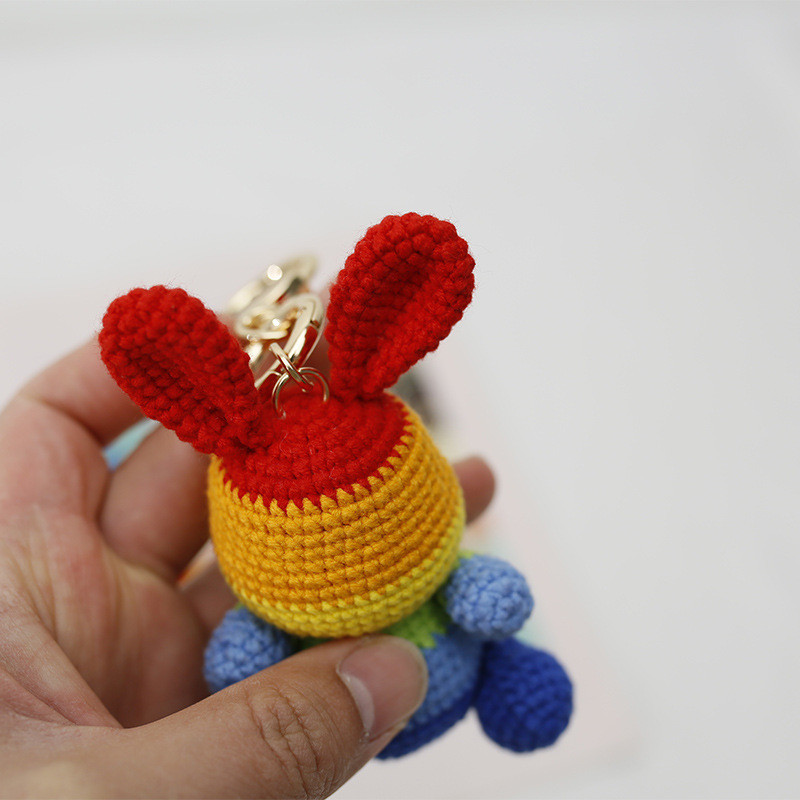 QSOD Rainbow Rabbit Handmade Crochet Hanging Ornament, Yarn Knitted Car Pendant, Sweet Handmade Doll
