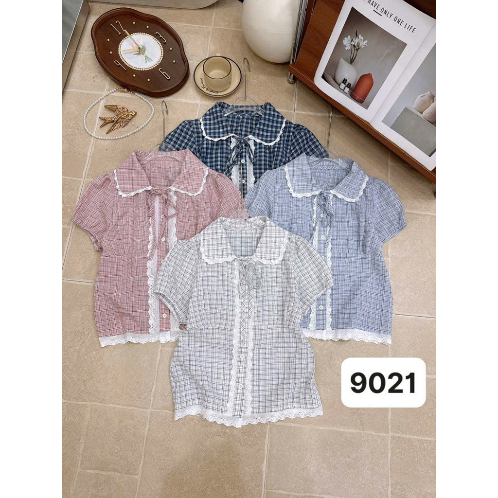 JANG STORE Áo sơ mi kẻ cộc viền ren tay bồng 9021 jang store