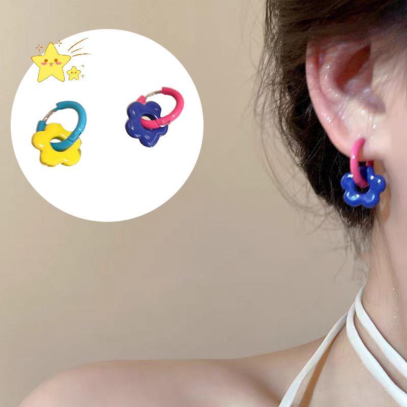 [JBTH] Bông tai thả hoa bất đối xứng đầy màu sắc Dopamine dành cho nữ Trang sức ngày lễ dễ thương [J