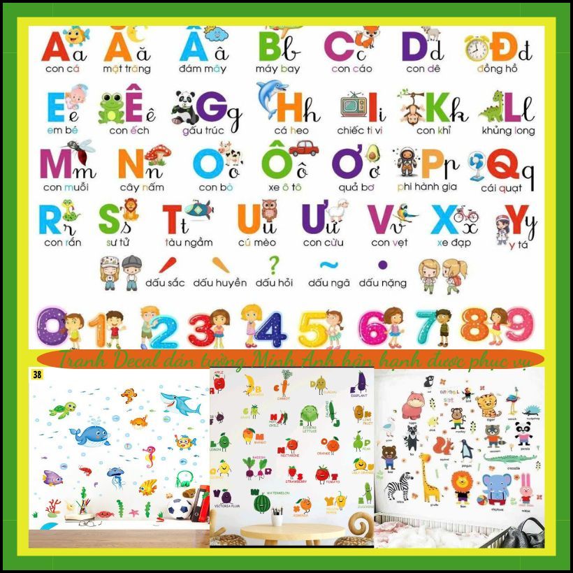 Tranh dán tường/ decal dán tườg cho bé/ Decal Bảng chữ cái, khủng long, con vật tiếng việt/ tiếng an