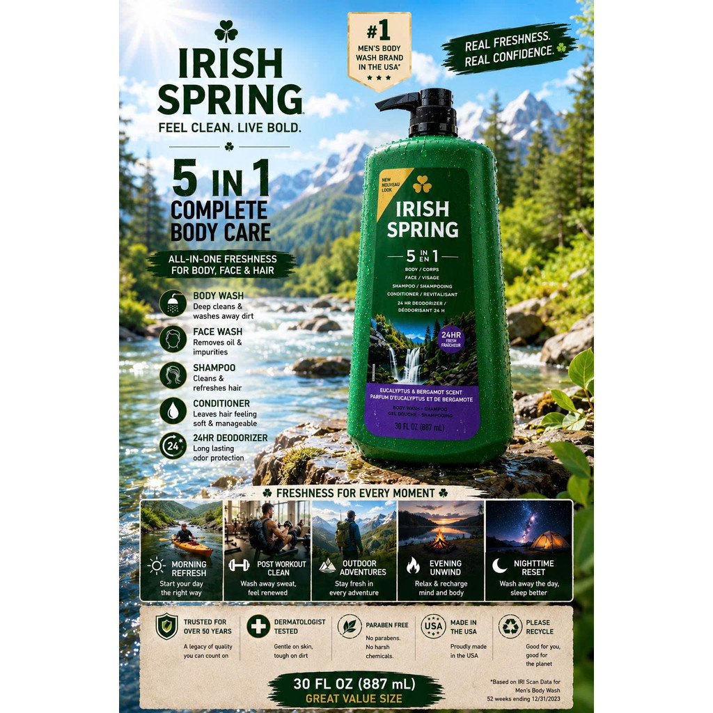 Sữa Tắm Gội Khử Mùi Nam Irish Spring 5 in 1 Chai 887ml