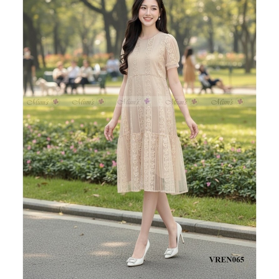 Đầm suông, đầm bầu công sở Mum's Shop VREN065 Váy ren nude sang chảnh cho bầu và bigsize