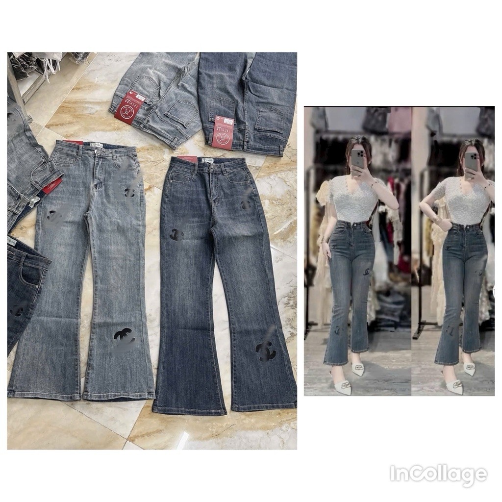 {90cm} Quần jean loe lỡ quần bò nữ lưng cao co dãn dài 90cm thêu 3/x hack dáng thời trang