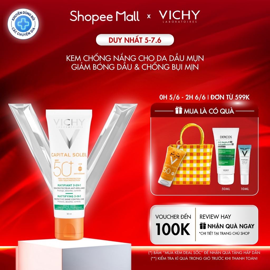 Kem Chống Nắng UVA+UVB Chống Bụi Mịn Vichy Spf50+CapitalSoleilMattifying 3in1 50ml