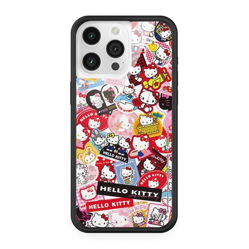 WF Kitty 50th Anniversary Sticker Co branded Phone Case cho iPhone 17 Pro Max / 16 Pro / 15Plus / 14