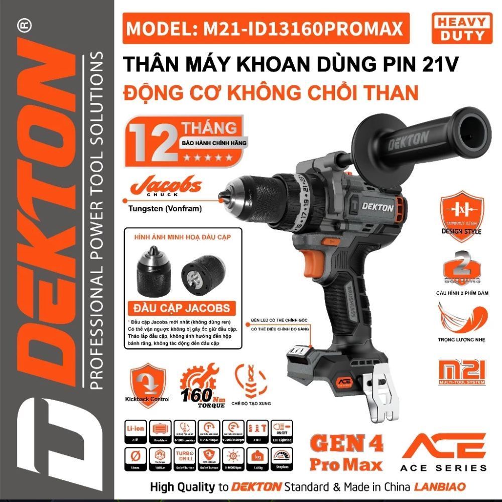 Máy Khoan 3 Chức Năng Dekton M21-ID13160PROMAX Brushless, Lực Siết 160Nm, Đầu Cặp Jacobs, Chân Phổ T