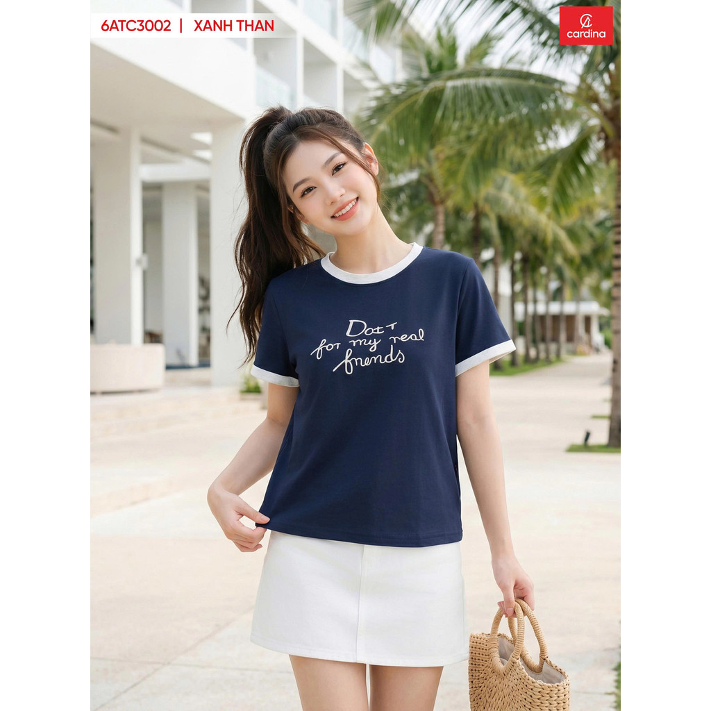 Áo Phông Nữ Cotton Cao Cấp Thêu Chữ Thời Trang Cổ Và Tay Phối Màu Cardina 6ATC30