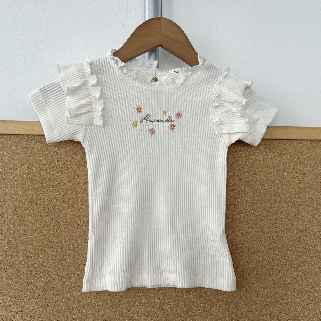 2Y-80 Trẻ Em Phong Cách Chữ Hoa Thêu Hố Dải Ren Cổ Áo Thun Tay Ngắn Ngọt Đáy Top J26-4