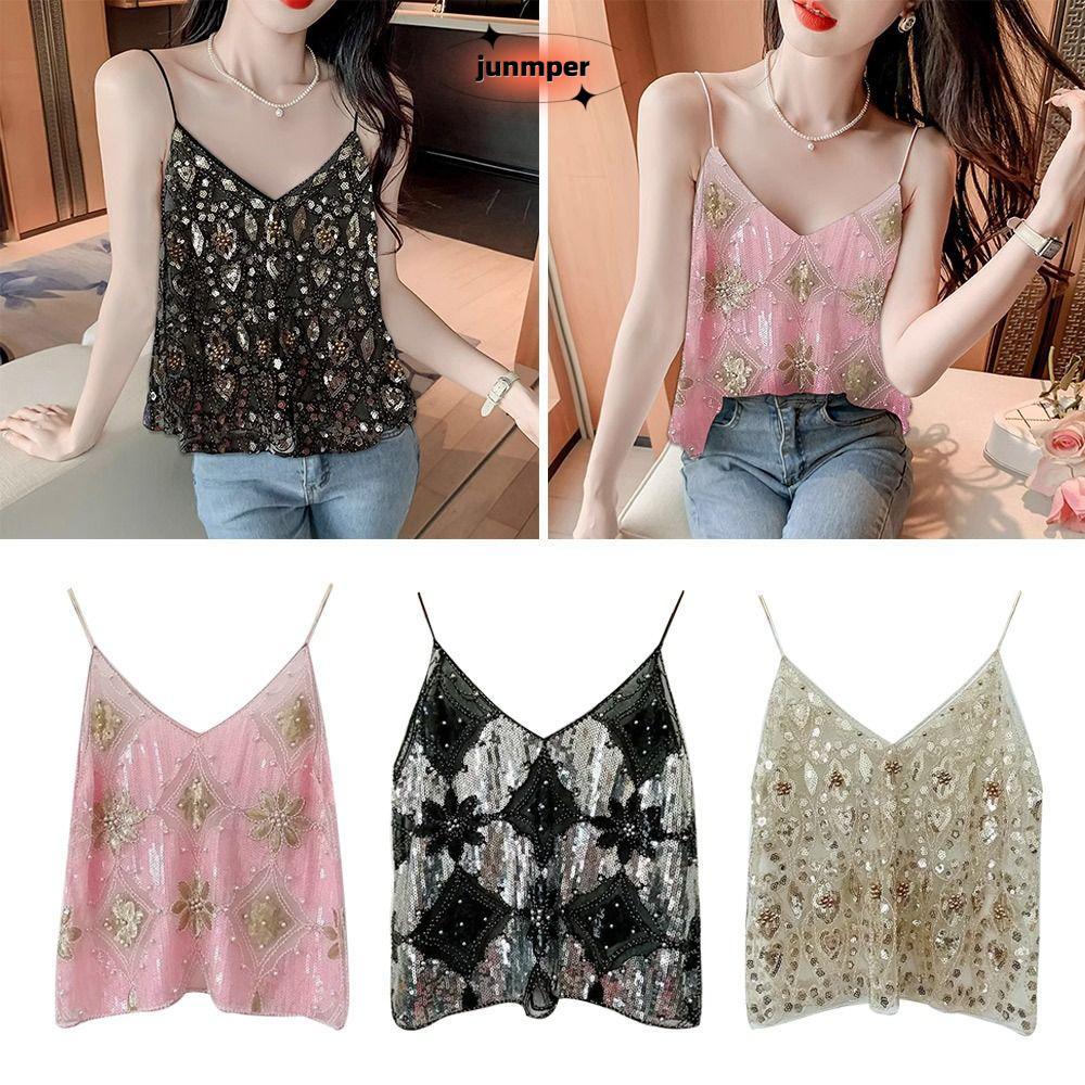 Áo ngực dây JUNMPER, Áo tăng mùa hè mỏng cổ chữ V, Bling Bling Bling Sequin Bead Dạo phố Áo Vest Cor