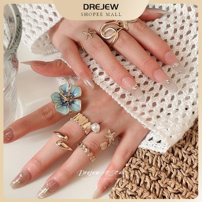 DREJEW 8 chiếc nhỏ giọt dầu sao biển hoa giả ngọc trai nhẫn thời trang phong cách Châu Âu và Mỹ ngón trỏ vòng thiết kế phụ kiện thích hợp