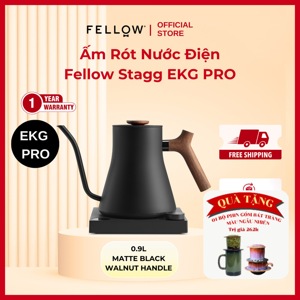 Ấm Rót Điện Fellow Stagg EKG PRO - 0.9L - 220V - Màu Đen Nhám, Tay Cầm Gỗ Walnut