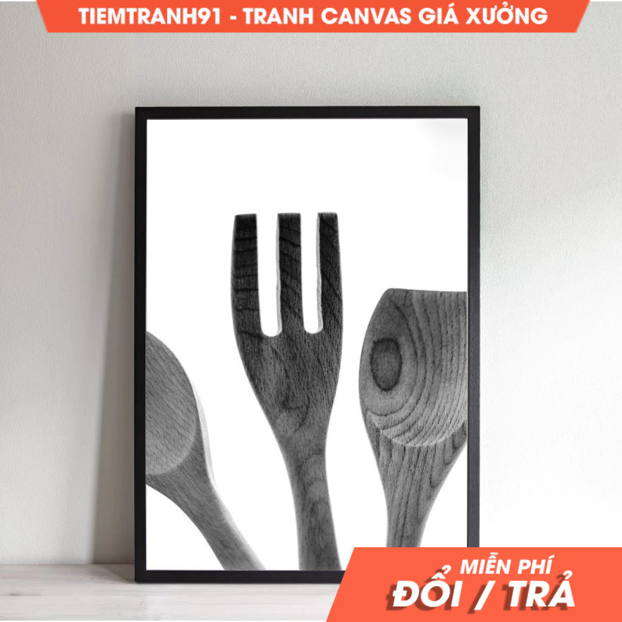 Tranh treo tường, Wood, black white kitchen decor, cooking spoon , wall art, modern kitchen, tặng kè